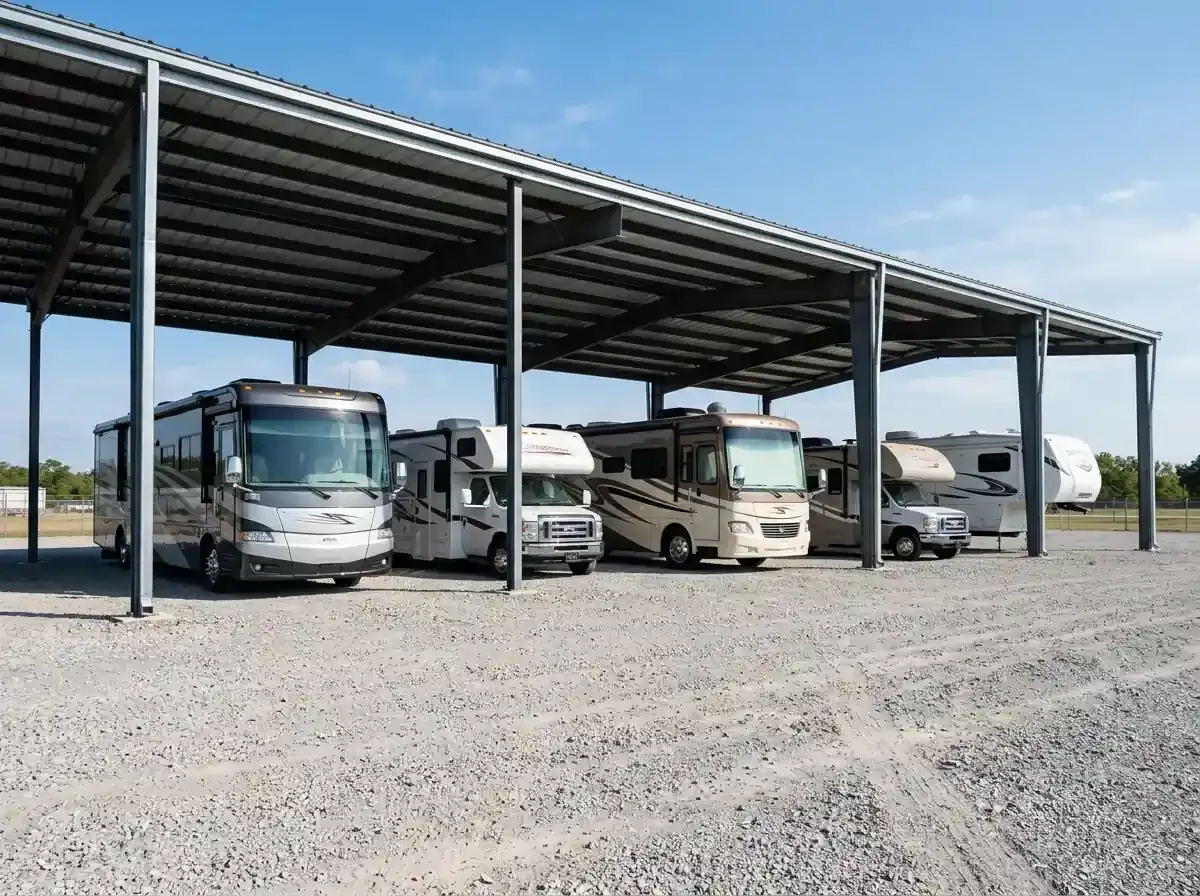 vMultiple motorhomes parked under an open-sided covered RV storage canopy on a gravel lot.